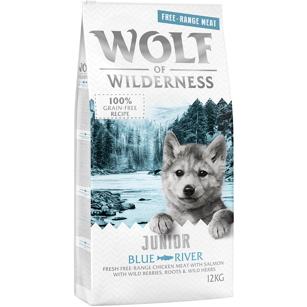 Wolf of Wilderness Junior "Blue River" – vapaana kasvanut kana & lohi